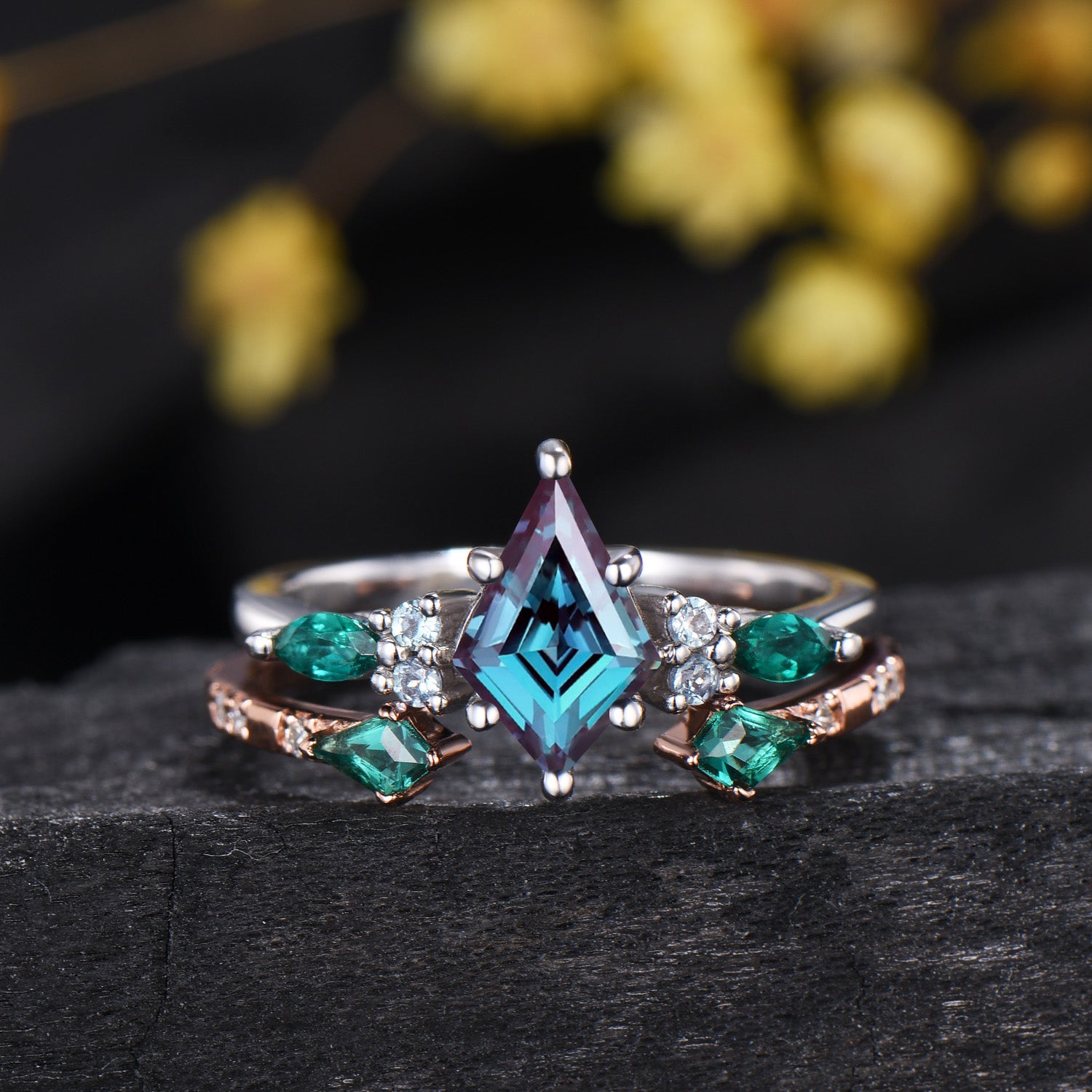 Vintage Kite Cut Alexandrite Engagement Ring Set, Art Deco Marquise Emerald Bridal Set, Unique Open Gap Stacking Band Wedding Set for Women