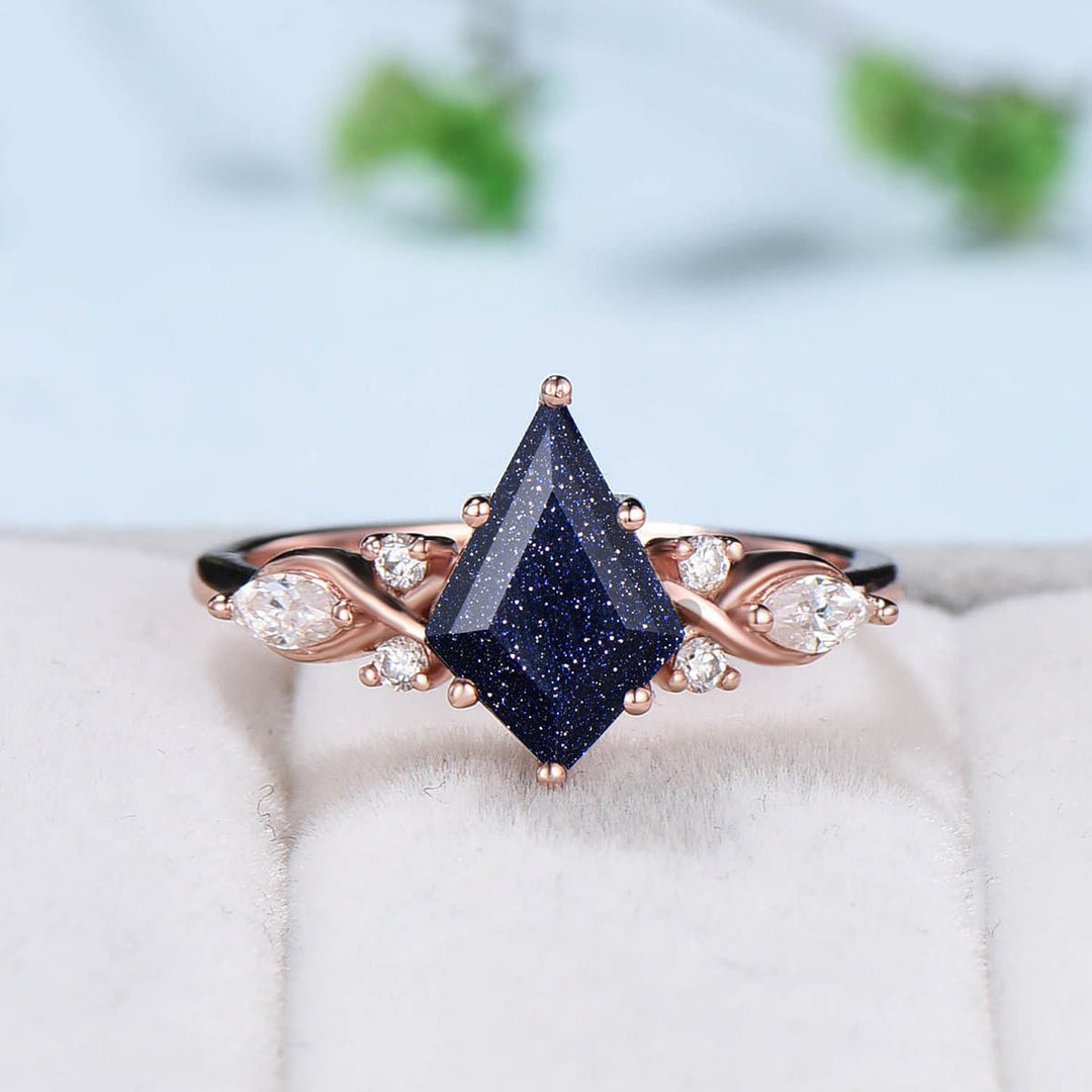 Unique Starry Sky Kite Cut Blue Sandstone Engagement Ring Set Kite Alexandrite Moissanite Bridal Set Antique Art Deco Wedding Ring Set - PENFINE