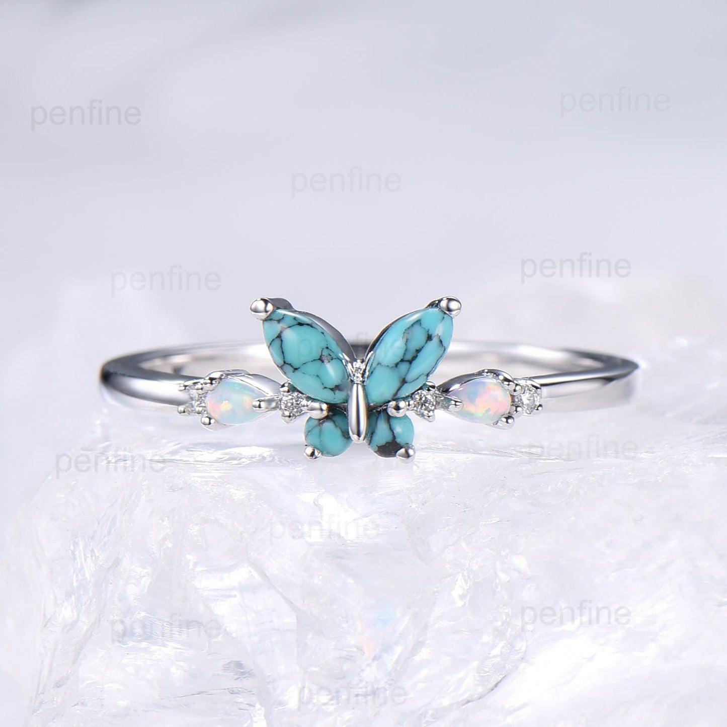 Unique Butterfly Marquise Turquoise Engagement Ring Vintage Pear White Opal Wedding Ring Silver Anniversary Ring December Birthstone Gift - PENFINE