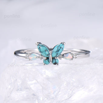 Unique Butterfly Marquise Turquoise Engagement Ring Vintage Pear White Opal Wedding Ring Silver Anniversary Ring December Birthstone Gift - PENFINE