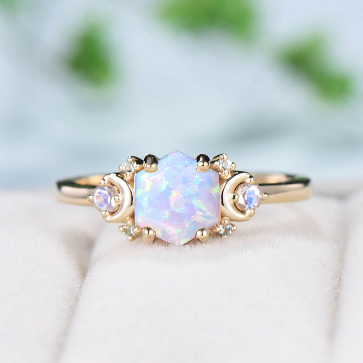 Vintage Moon Opal Engagement Ring Yellow Gold Unique Hexagon Fire Opal Promise Ring For Women Art Deco Cluster Monnstone Wedding Ring Gift - PENFINE