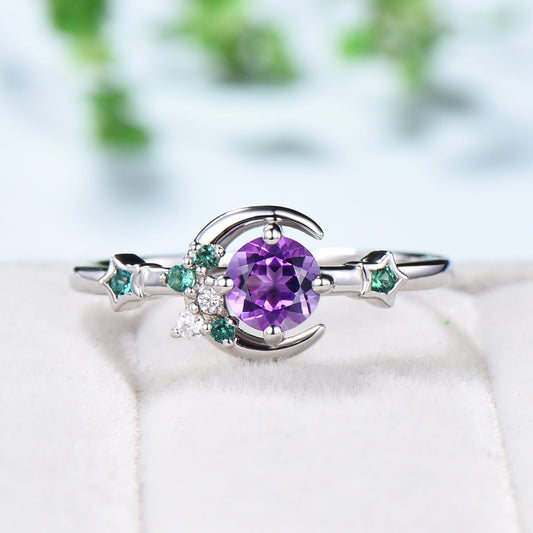 Vintage Crescent moon Amethyst Ring For Women Unique Cluster Star Galaxy Emerald moissanite wedding ring celestial anniversary gift for her - PENFINE