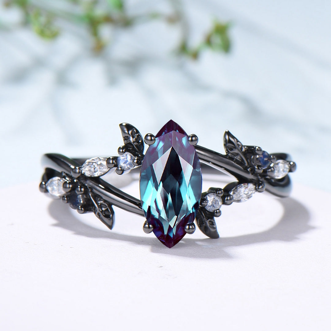 Unique Black Gold Alexandrite Ring Natural Inspired Gothic Marquise Cut Engagement Ring Leaves  Cluster Moonstone Split Shank Wedding Ring - PENFINE
