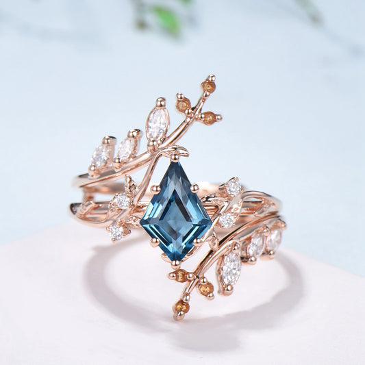 Unique gothic kite cut London blue topaz engagement ring set cluster diamond engagement ring leaf vine nature inspired citrine wedding set - PENFINE
