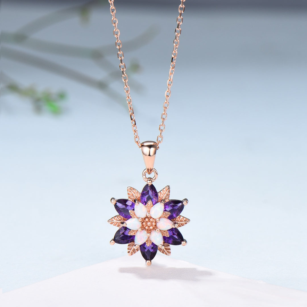 Unique Sunflower White Opal Amethyst Necklace Elegant Natural Inspired Double Halo Floral Pendant Leaf Vine Anniversary Promise Gift - PENFINE
