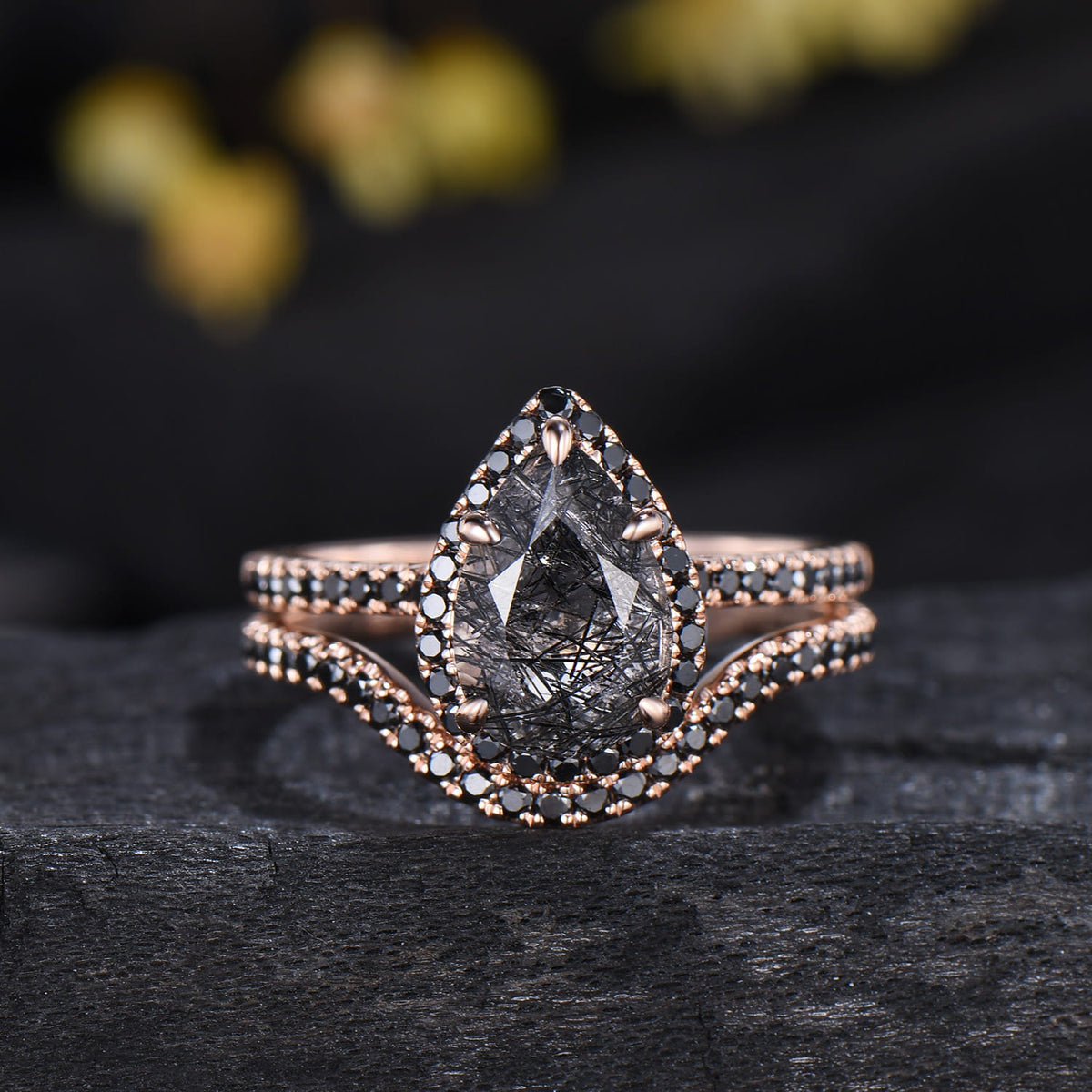 Unique Pear Black Rutilated Quartz Ring Set Midnight Crescent Rose Gold