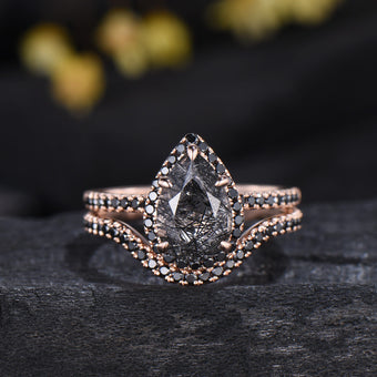 Unique Pear Black Rutilated Quartz Ring Set Midnight Crescent Rose Gold