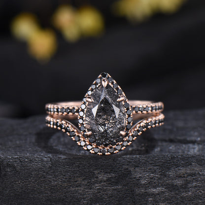 Unique Pear Black Rutilated Quartz Ring Set Midnight Crescent Rose Gold