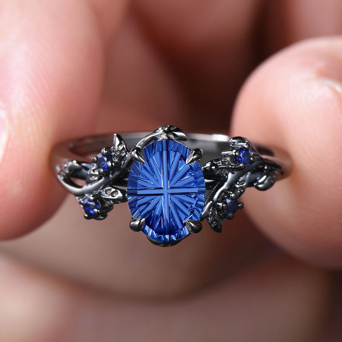 Black Gold Oval Fantasy Cut Sapphire Engagement Ring Nature Inspired Leaf Vine Ring