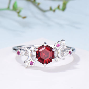 Galaxy Star ruby engagement ring crescent moon hexagon cut Lab ruby wedding ring Unique cluster star moon engagement ring anniversary gift - PENFINE