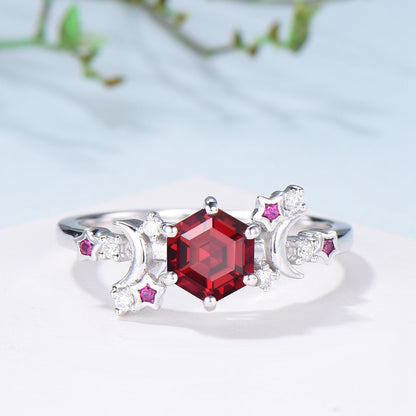 Galaxy Star ruby engagement ring crescent moon hexagon cut Lab ruby wedding ring Unique cluster star moon engagement ring anniversary gift - PENFINE
