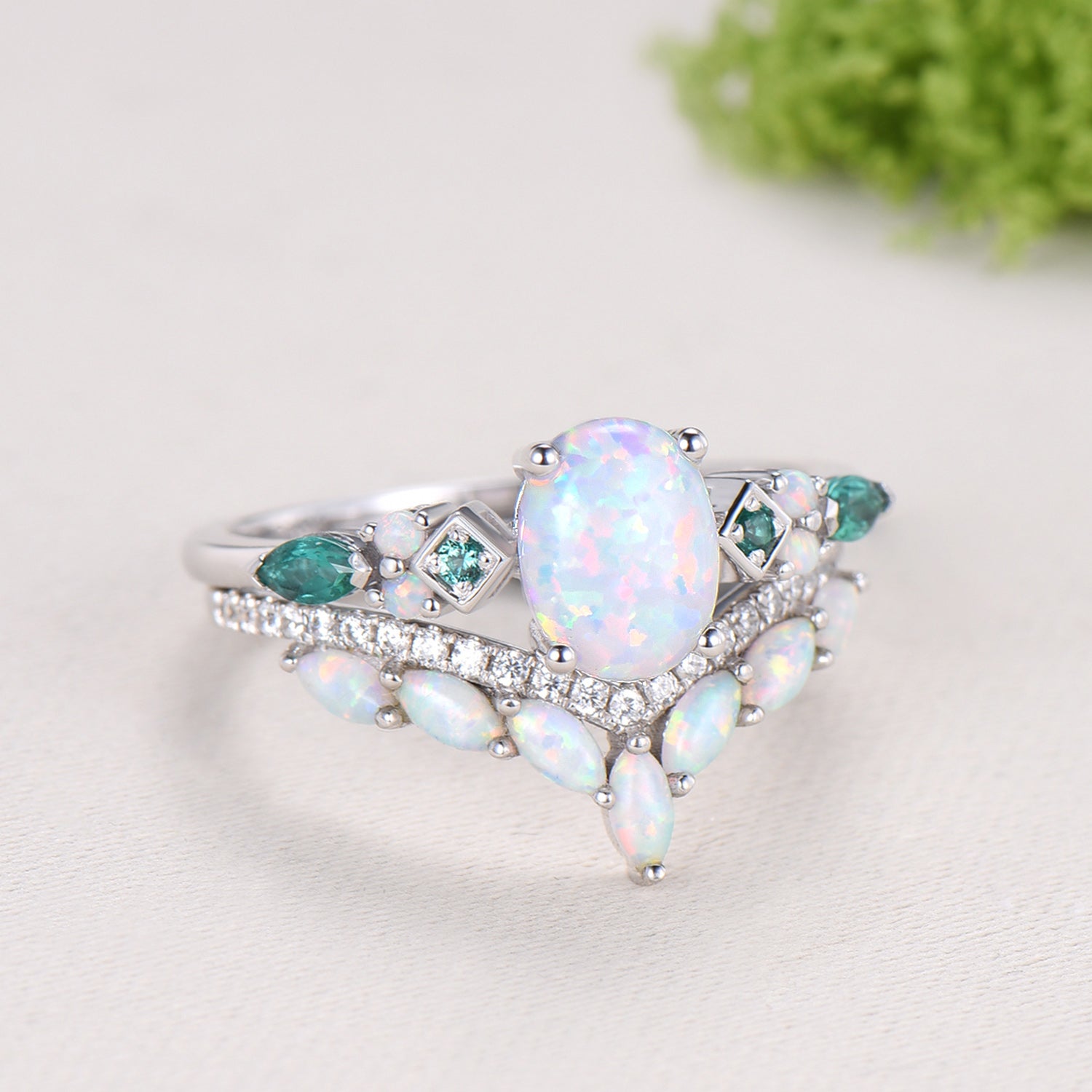Vintage Art Deco Oval Opal Emerald Bridal Set Cluster Chevron Opal Stacking Ring Set