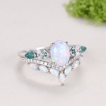 Vintage Art Deco Oval Opal Emerald Bridal Set Cluster Chevron Opal Stacking Ring Set