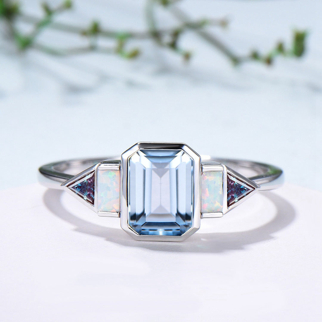Bezel Set Emerald Cut Aquamarine Engagement Ring Five Stone Baguette Opal & Trillian Alexandrite Wedding Band - PENFINE