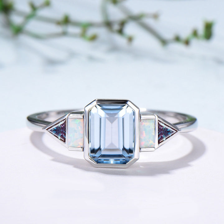 Bezel Set Emerald Cut Aquamarine Engagement Ring Five Stone Baguette Opal & Trillian Alexandrite Wedding Band - PENFINE