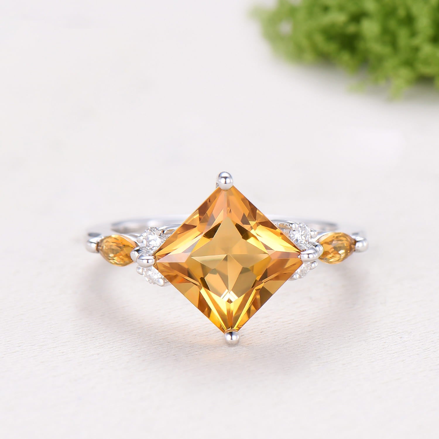 Unique Princess Cut Citrine Engagement Ring Set Vintage 14k Yellow Gold Sterling Silver November Birthstone Ring Art Deco Bridal Ring Set