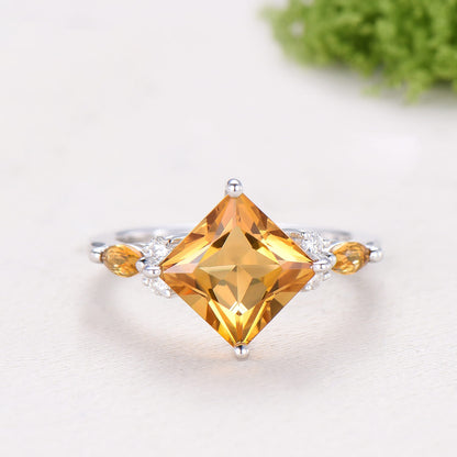 Unique Princess Cut Citrine Engagement Ring Set Vintage 14k Yellow Gold Sterling Silver November Birthstone Ring Art Deco Bridal Ring Set