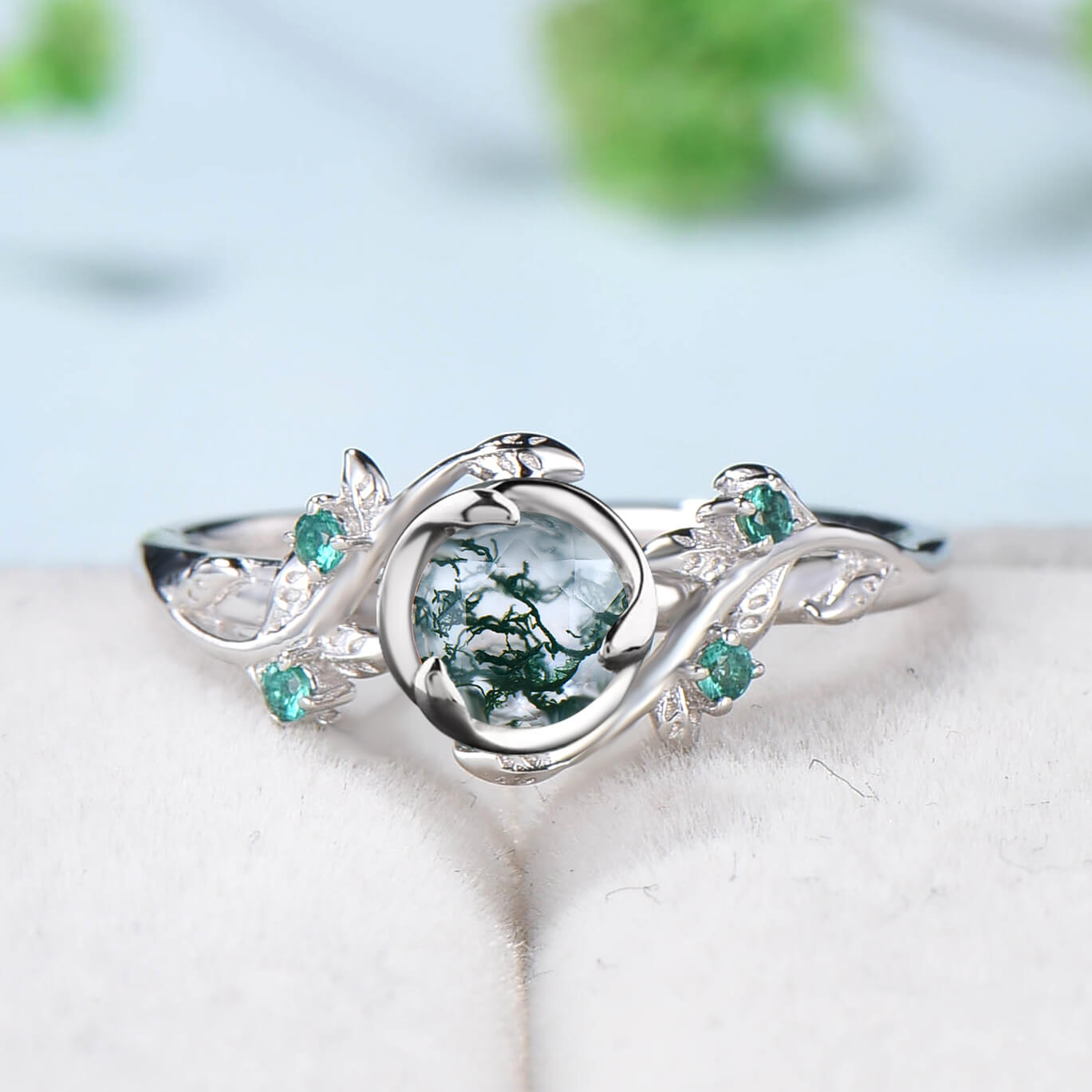 Retro Round Moss Agate Engagement Ring Rose Gold Nature Inspired Twig Green Agate Leaf  Wedding Ring Cluster Emerald Branch Anniversary Gift - PENFINE