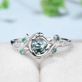 Retro Round Moss Agate Engagement Ring Rose Gold Nature Inspired Twig Green Agate Leaf  Wedding Ring Cluster Emerald Branch Anniversary Gift - PENFINE