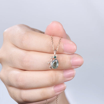 Natural Inspired Pear Shaped Moss Agate Pendant Necklace leaf branch emerald necklace silver rose gold green agate promise anniversary gifts