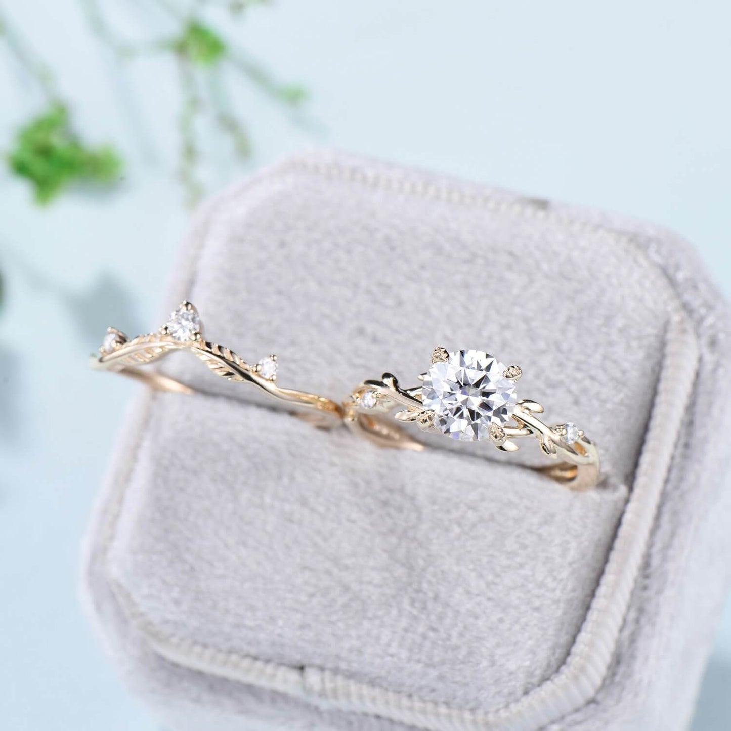 1CT Round Brilliant Moissanite Engagement Ring Set  Nature Inspired Branch Twig Moissanite Wedding Set Unique Leaf anniversary promise ring - PENFINE