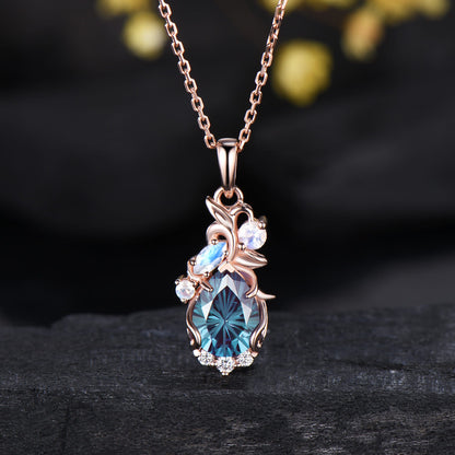Floral Firework Cut Alexandrite Necklace 1.25CT Pear Shaped Alexandrite Moonstone Pendant