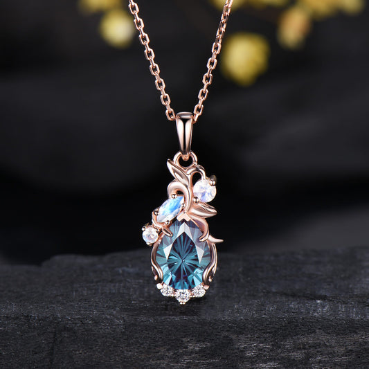 Floral Firework Cut Alexandrite Necklace 1.25CT Pear Shaped Alexandrite Moonstone Pendant