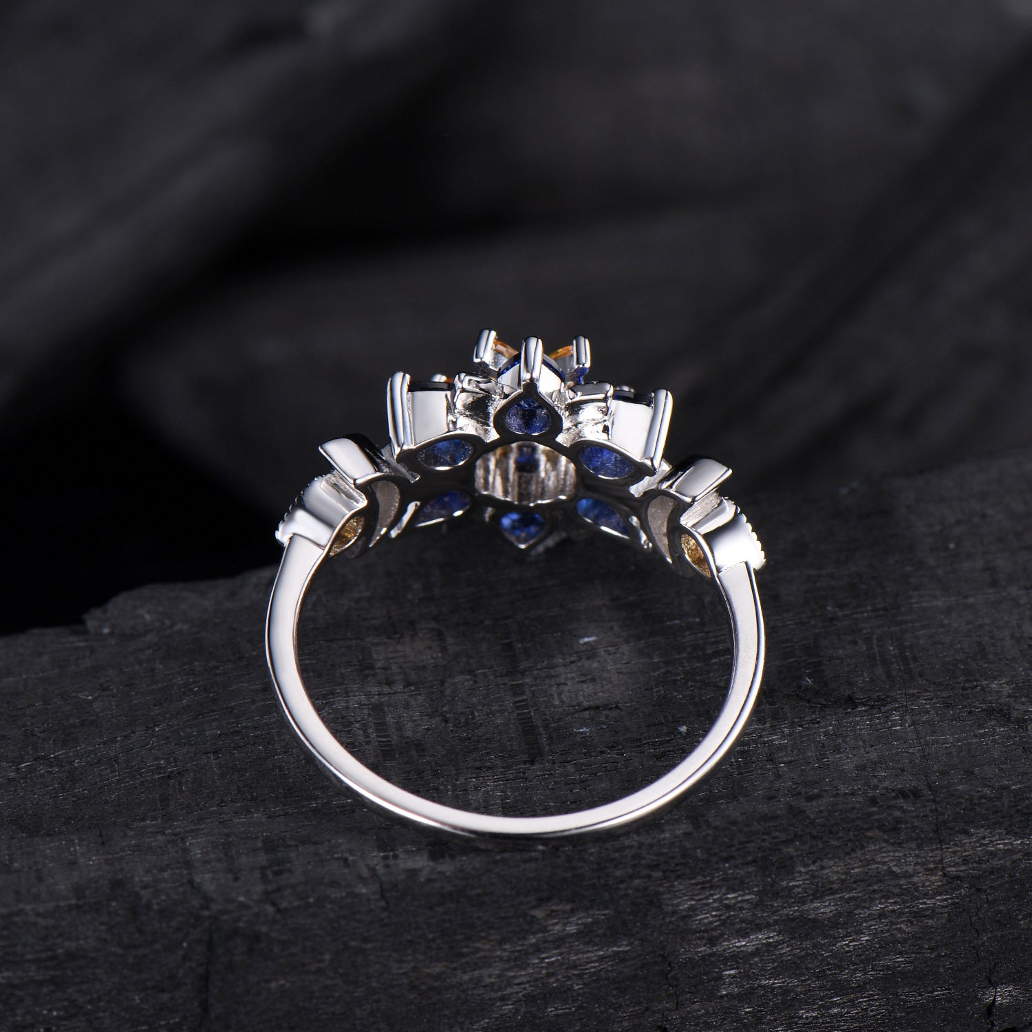 Celestial Sun and Moon Engagement Ring | Sapphire & Citrine Floral Mandala - PENFINE