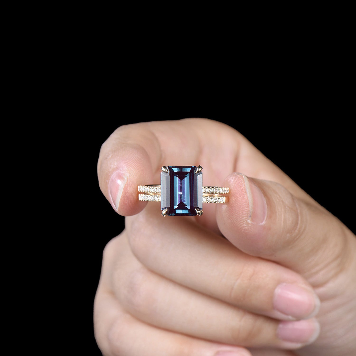 Hidden Halo Emerald Cut Alexandrite Engagement Ring Vintage 14K Rose Gold 6CT Alexandrite Diamond Wedding Ring Anniversary Gifts For Women - PENFINE