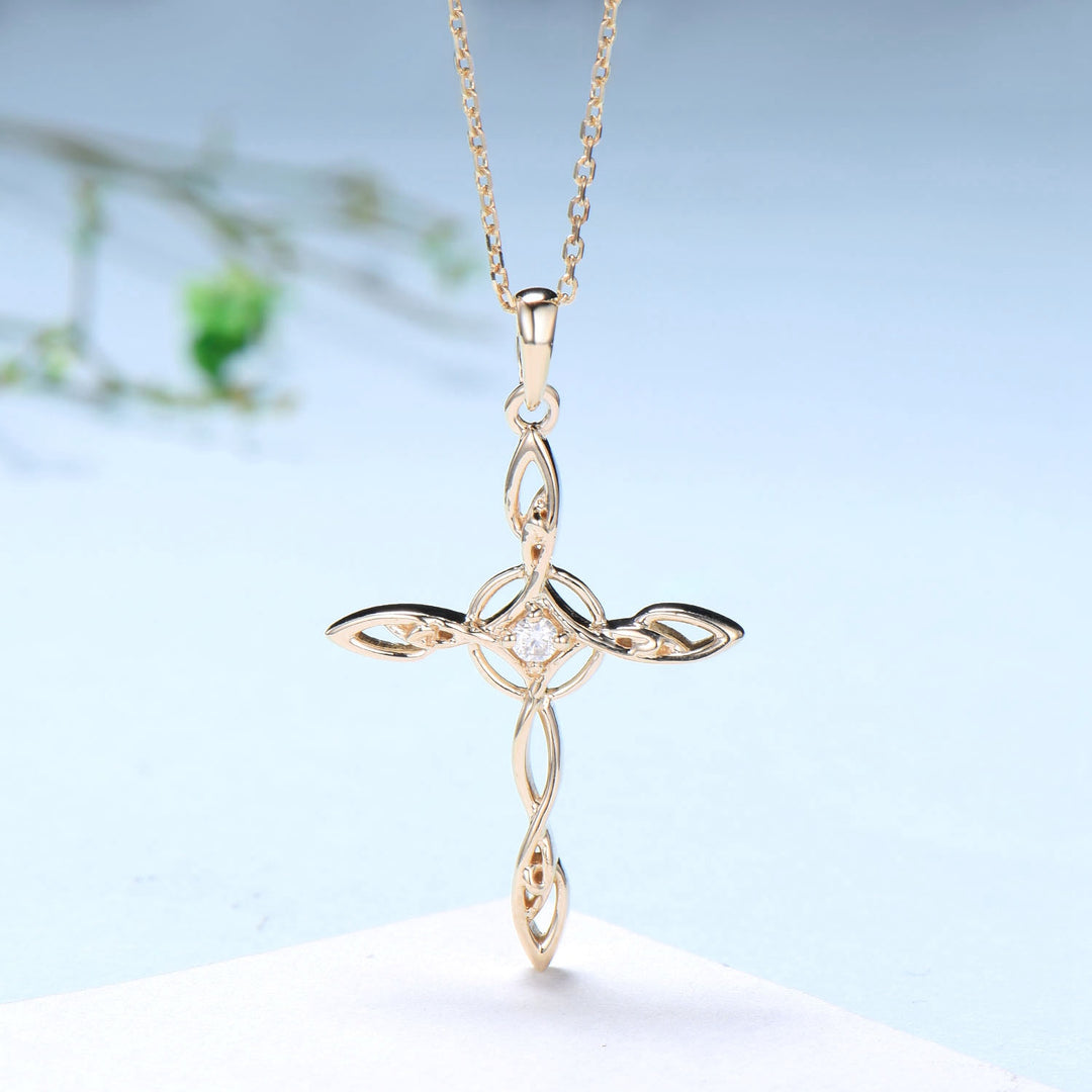 Cross Pendant Necklace Silver yellow Gold Necklace Moissanite Retro Vintage Cross Norse Viking Pendant Angle Anniversary gift for women - PENFINE