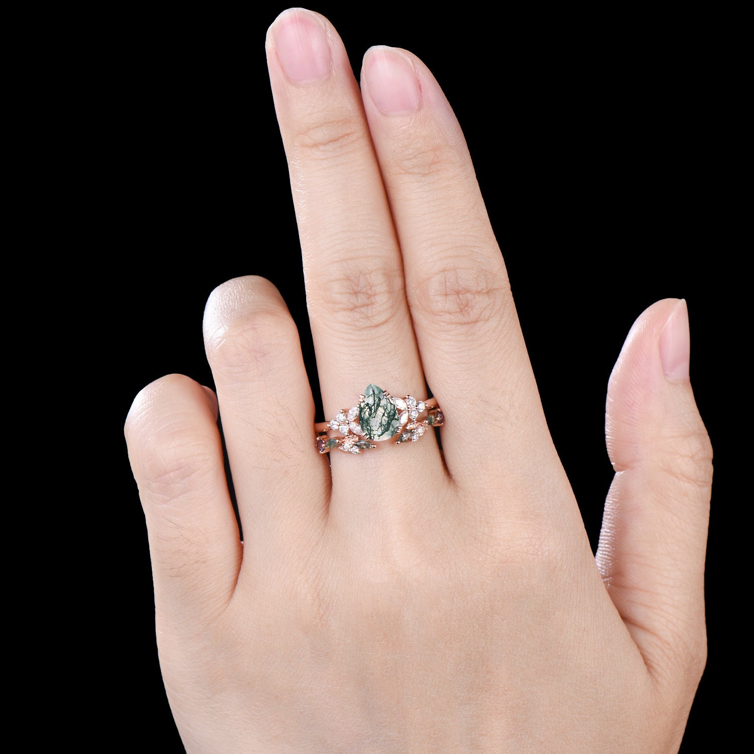 vintage pear shaped moss agate engagement ring floral 6x9mm green agate moissanite wedding set art deco leaf vine alexandrite stacking band - PENFINE