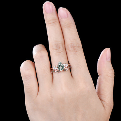 vintage pear shaped moss agate engagement ring floral 6x9mm green agate moissanite wedding set art deco leaf vine alexandrite stacking band - PENFINE