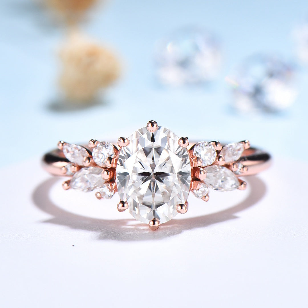 1.5 Carat Oval Lab Grown Diamond Engagement Ring Cluster Marquise Petal Ring