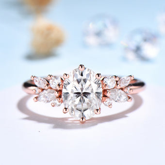 1.5 Carat Oval Lab Grown Diamond Engagement Ring Cluster Marquise Petal Ring
