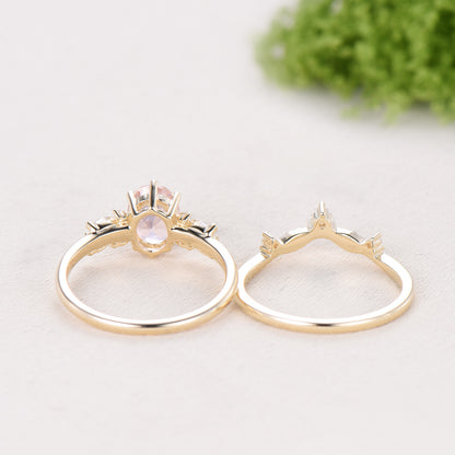 Oval Morganite Wedding Ring Set Rose Gold Morganite Diamond Engagement Ring Set Vintage Leaf Stacking Ring Natural Inspired Promise Ring
