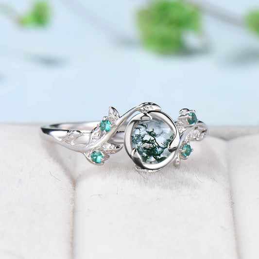 Retro Round Moss Agate Engagement Ring Rose Gold Nature Inspired Twig Green Agate Leaf Wedding Ring Cluster Emerald Branch Anniversary Gift - PENFINE