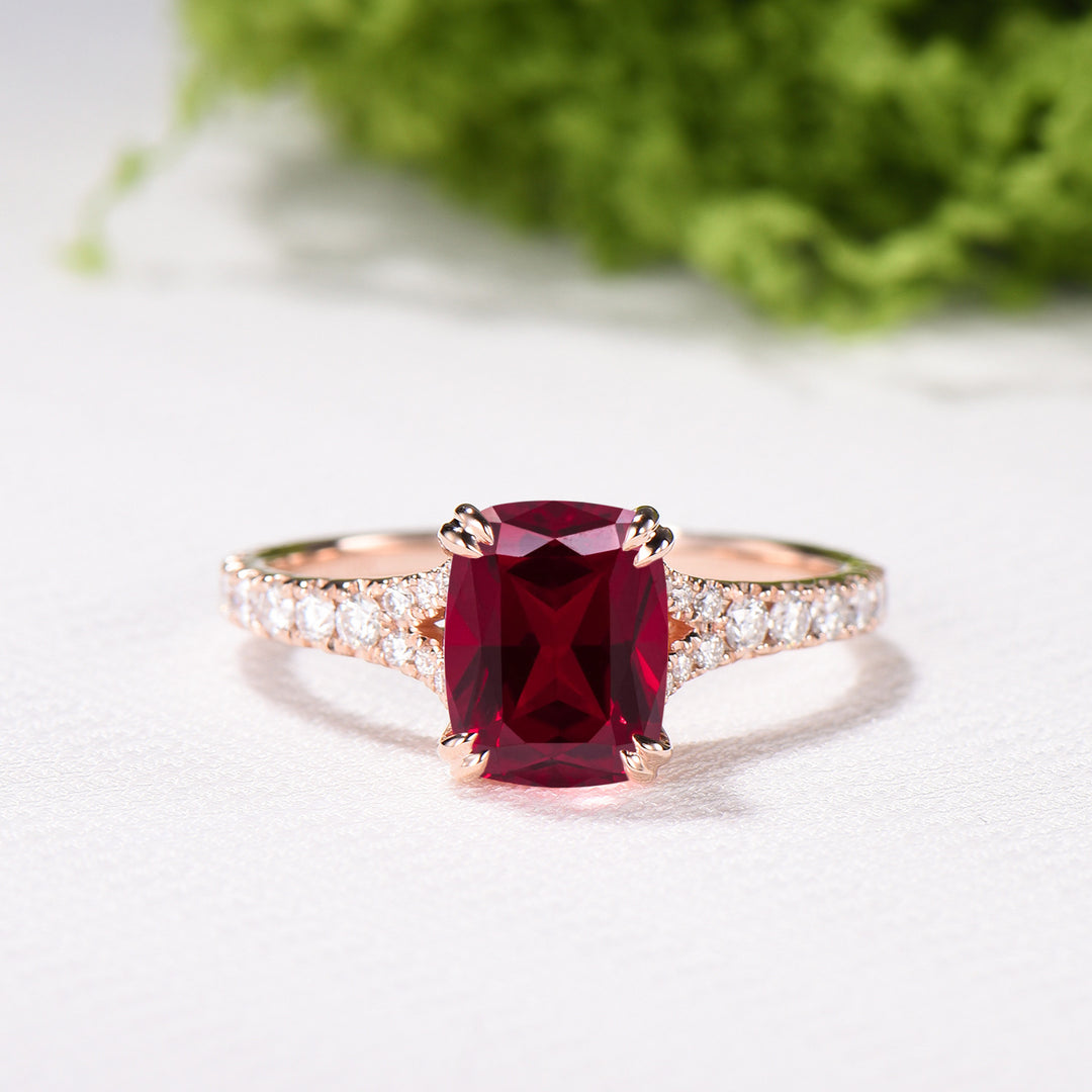 Cushion Ruby Engagement Ring, 14K Rose Gold Pave Diamond Split Shank, 8-Prong Anniversary Ring - PENFINE