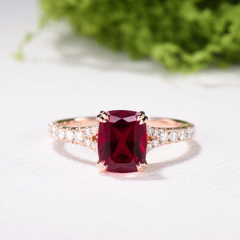 Cushion Ruby Engagement Ring, 14K Rose Gold Pave Diamond Split Shank, 8-Prong Anniversary Ring - PENFINE