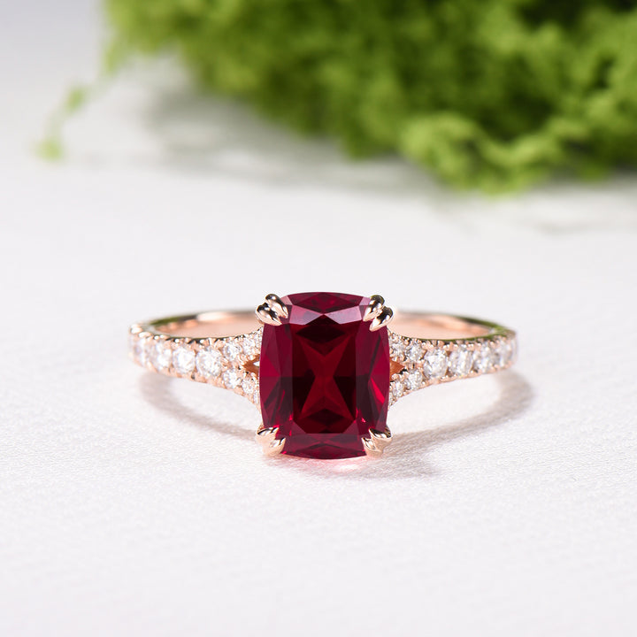 Cushion Ruby Engagement Ring, 14K Rose Gold Pave Diamond Split Shank, 8-Prong Anniversary Ring - PENFINE