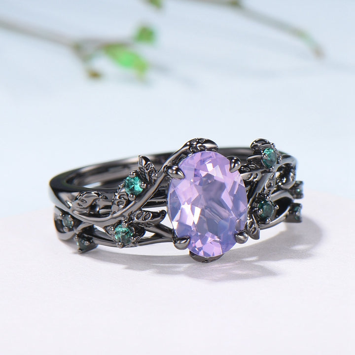 Gothic Oval Lavender Amethyst & Emerald Engagement Ring in Black Gold - Nature Inspired Elvish Vine Band - PENFINE
