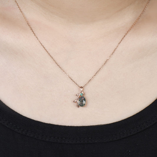 Natural Inspired Pear Shaped Moss Agate Pendant Necklace leaf branch emerald necklace silver rose gold green agate promise anniversary gifts