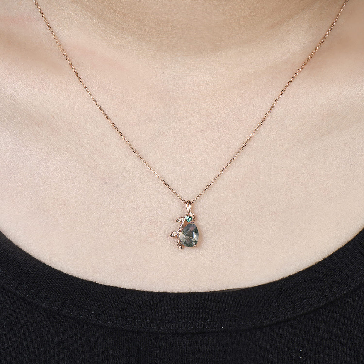 Natural Inspired Pear Shaped Moss Agate Pendant Necklace leaf branch emerald necklace silver rose gold green agate promise anniversary gifts