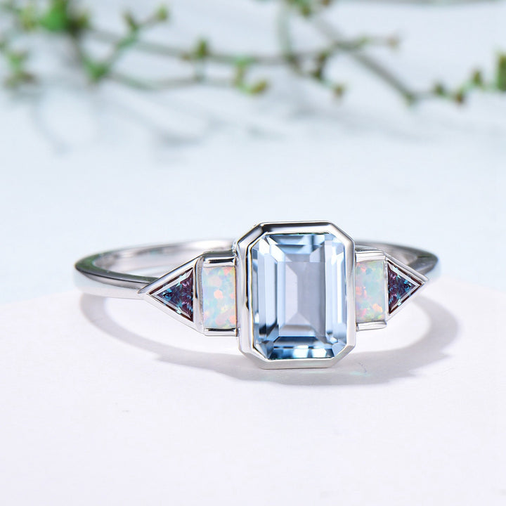 Bezel Set Emerald Cut Aquamarine Engagement Ring Five Stone Baguette Opal & Trillian Alexandrite Wedding Band - PENFINE
