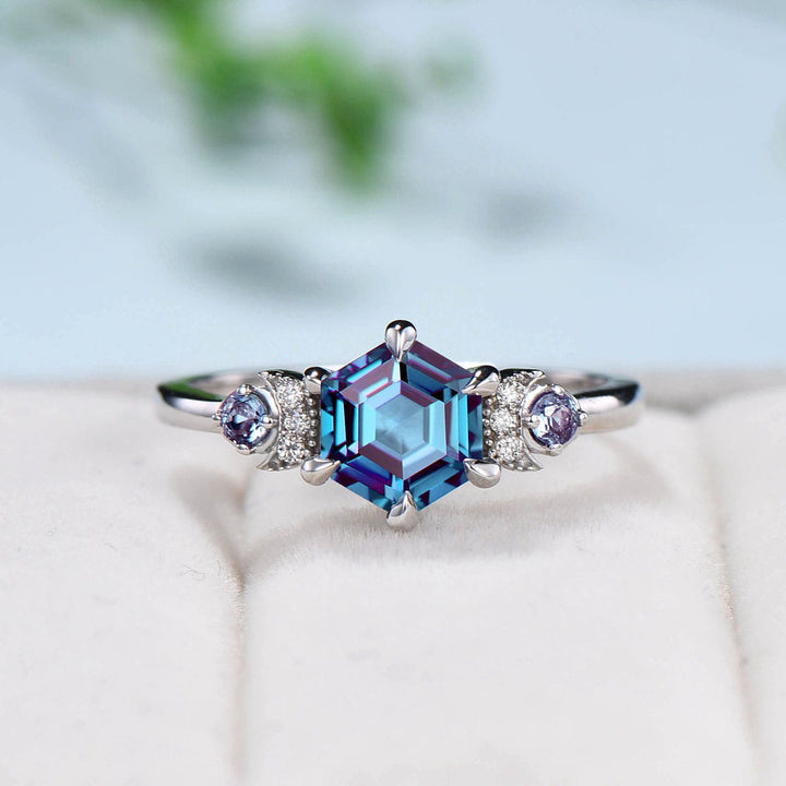 Unique hexagon alexandrite engagement ring Magic celestial moon color change engagement ring vintage crescent wedding ring gift for women - PENFINE