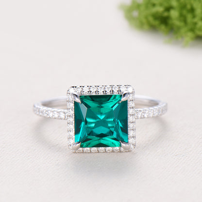 2.5 Carat Princess Cut  Emerald Halo Diamond Engagement Ring 14k White Gold Retro Basket Setting Wedding Bridal Set May Birthstone