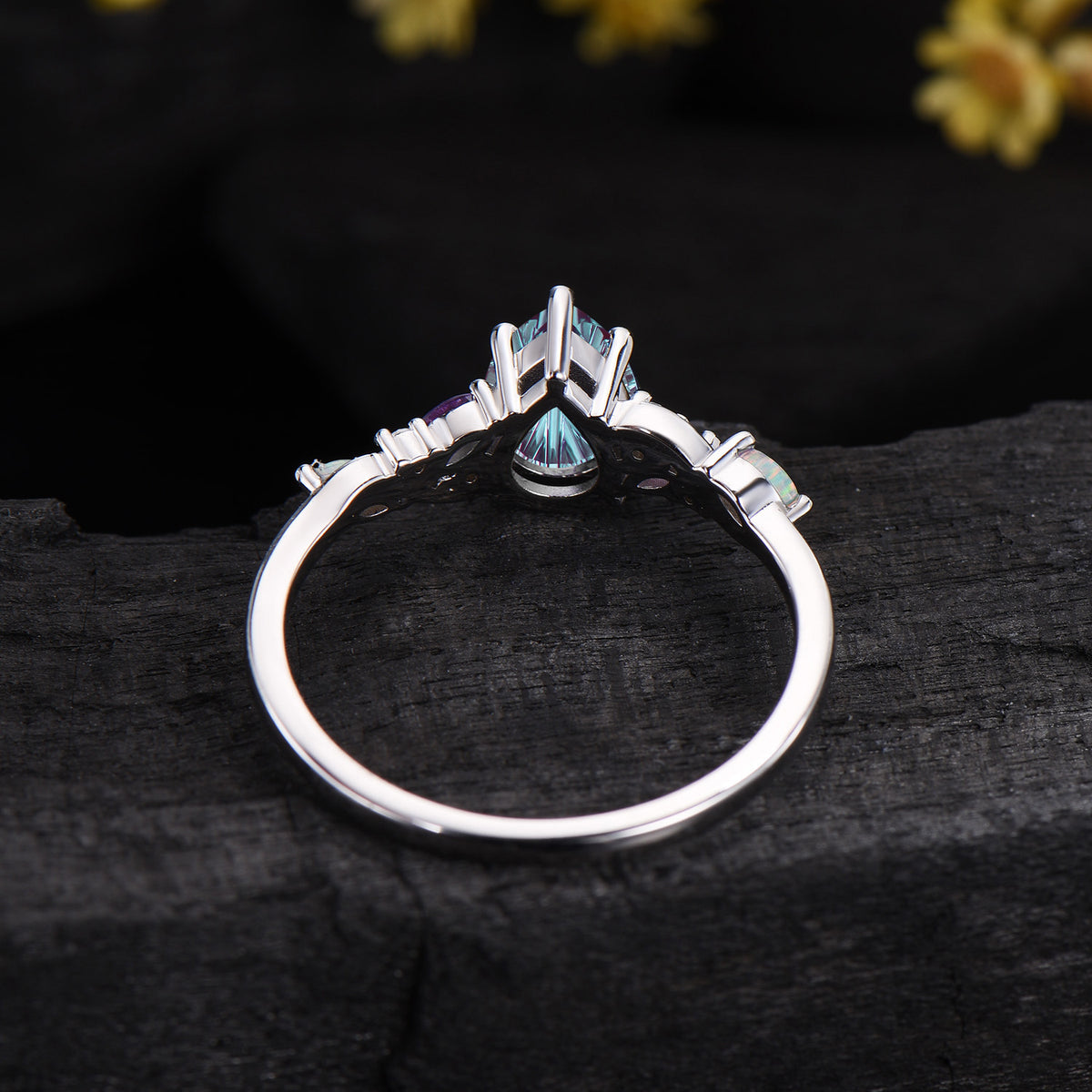 Unique Pear Shaped Fantasy Cut Color-change Alexandrite Engagement Ring Amethyst Opal Cluster Ring