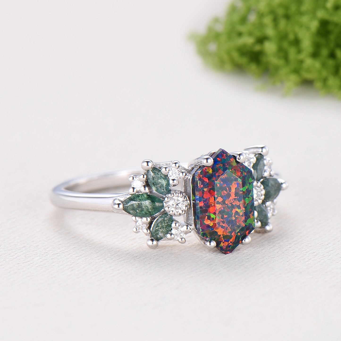 Vintage Art Deco Hexagon Cut Black Opal Engagement Ring, Moss Agate Accents