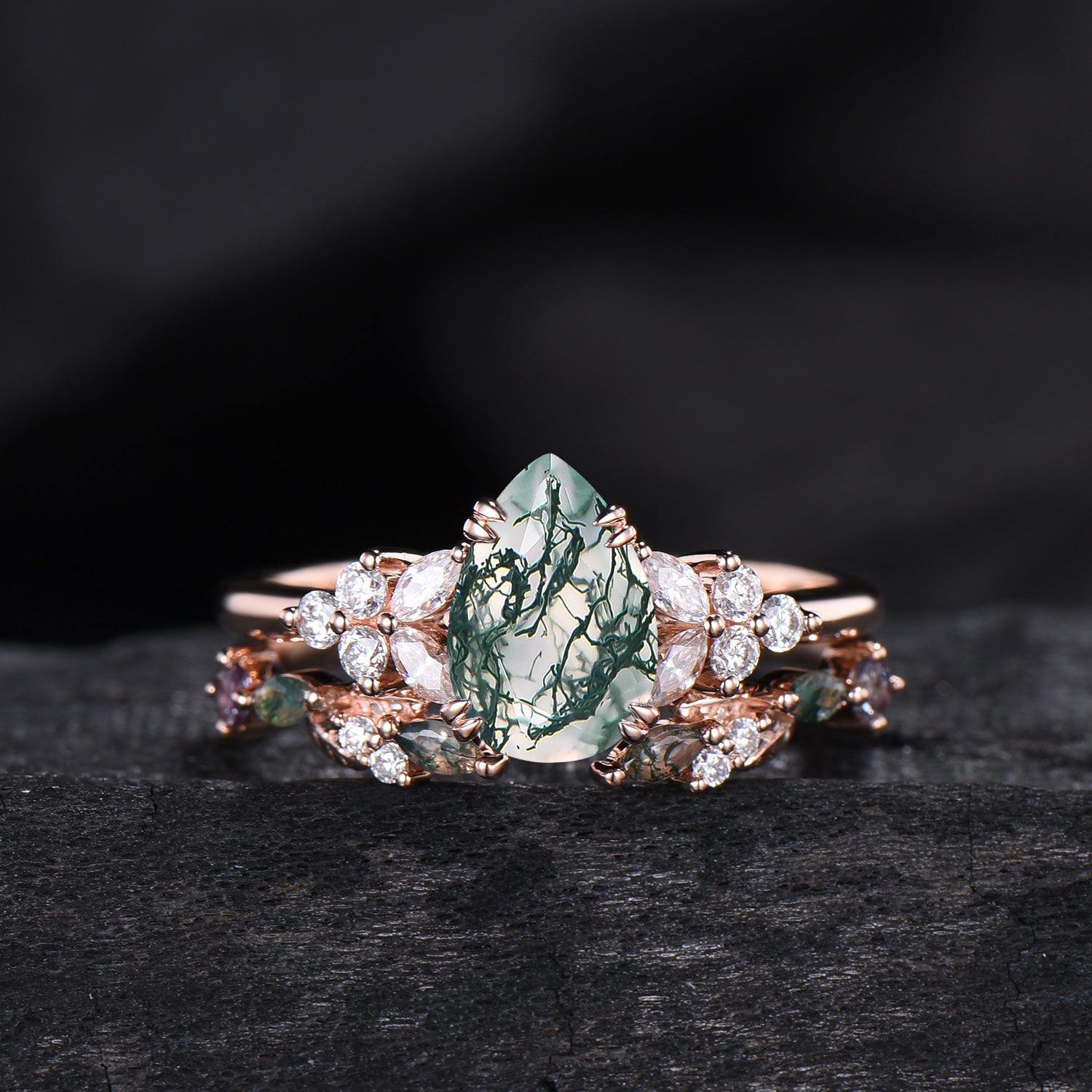 vintage pear shaped moss agate engagement ring floral 6x9mm green agate moissanite wedding set art deco leaf vine alexandrite stacking band - PENFINE