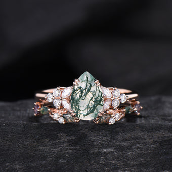 vintage pear shaped moss agate engagement ring floral 6x9mm green agate moissanite wedding set art deco leaf vine alexandrite stacking band - PENFINE