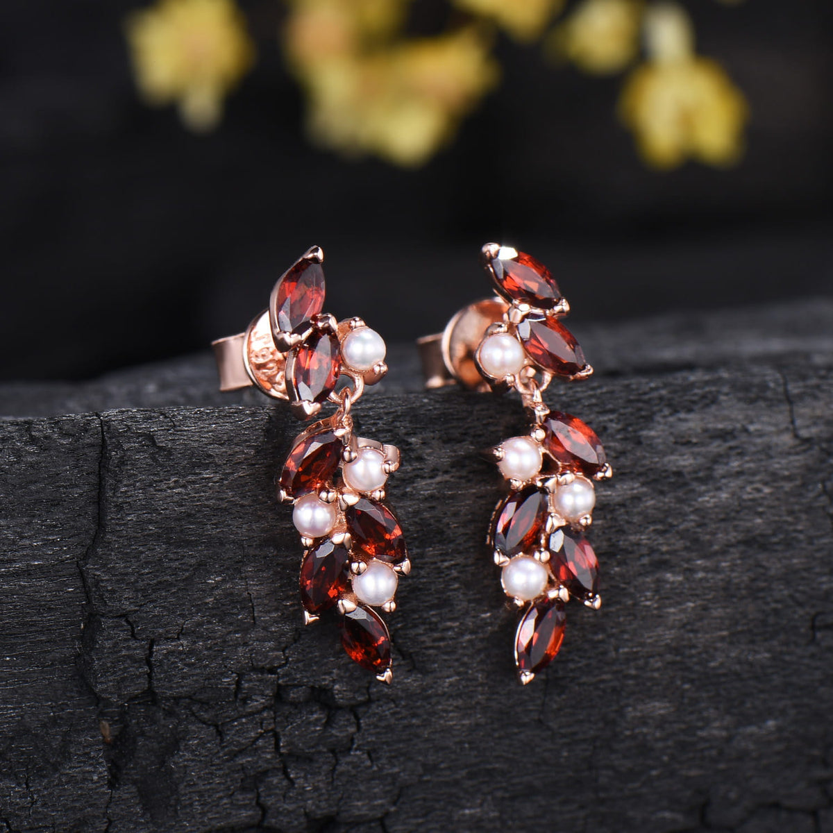 Vintage Marquise Garnet Pearl Dangle Earrings Rose Gold